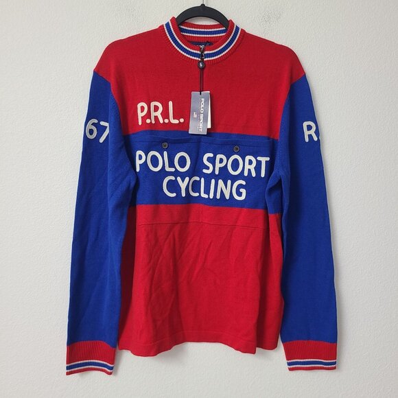 Polo Ralph Lauren Polo Sport Cycling 100% Wool Sweater Size L Red Blue